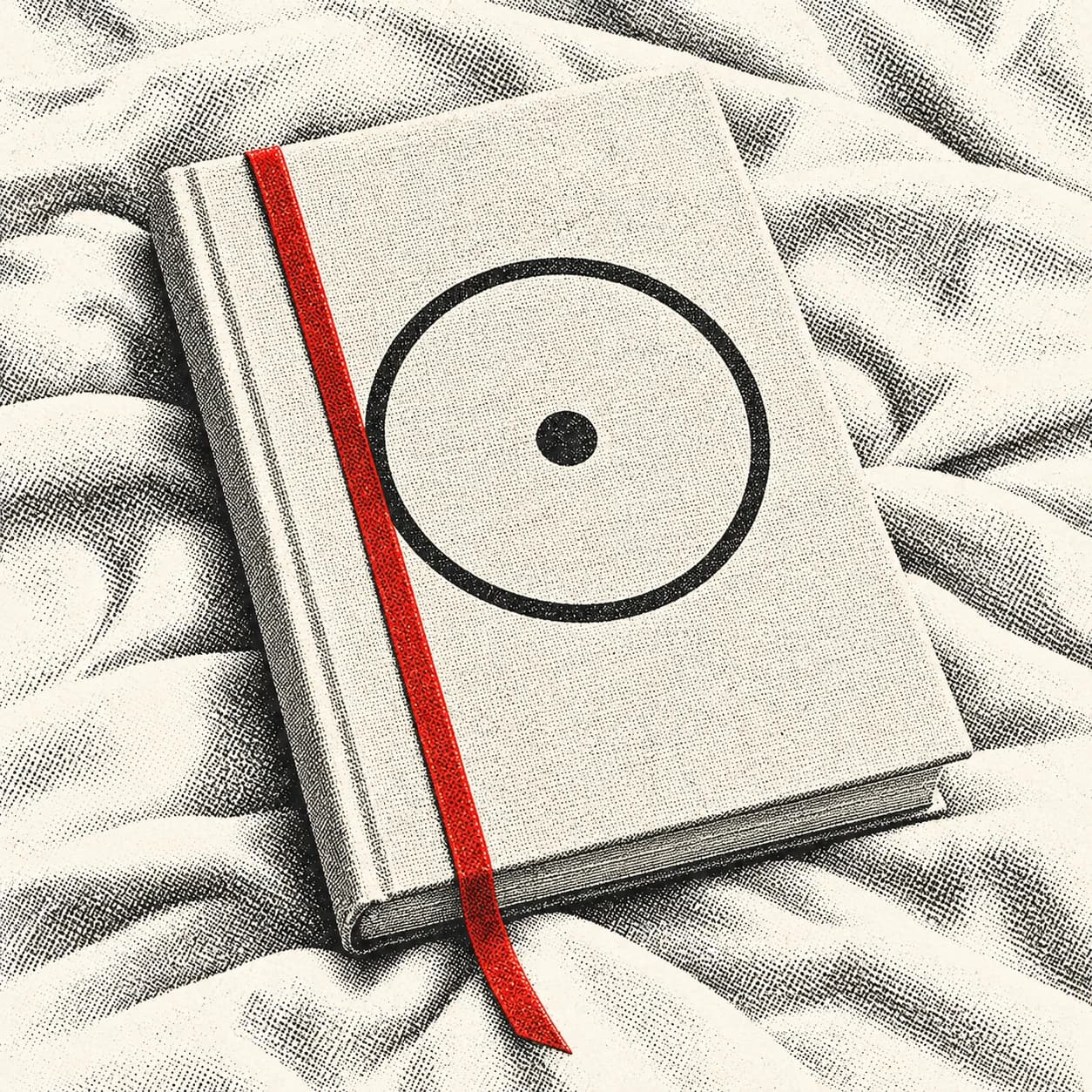 An ivory hardcover book with a red ribbon bookmark, photographed in halftone.