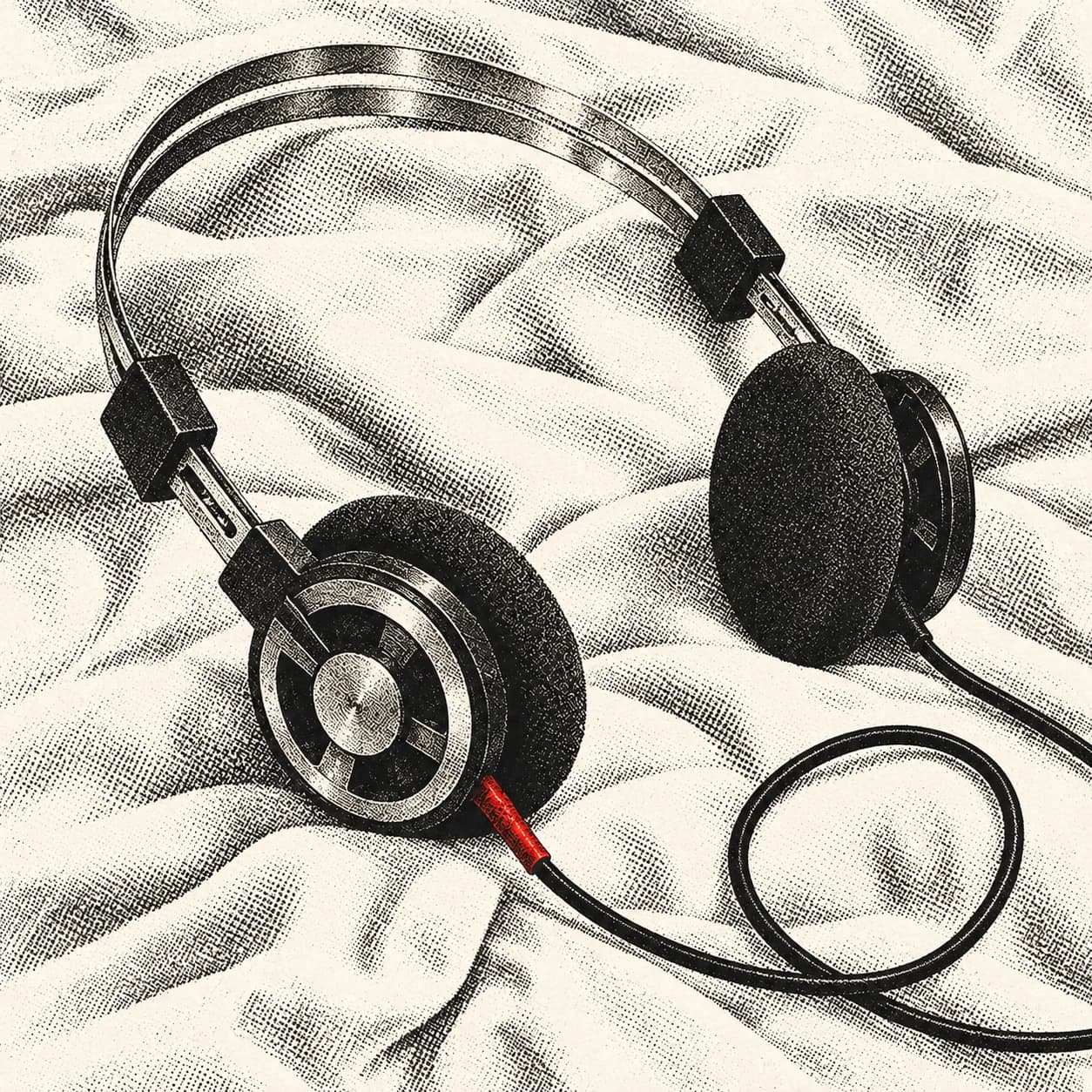 Vintage on-ear headphones and their looping cable on ivory fabric.