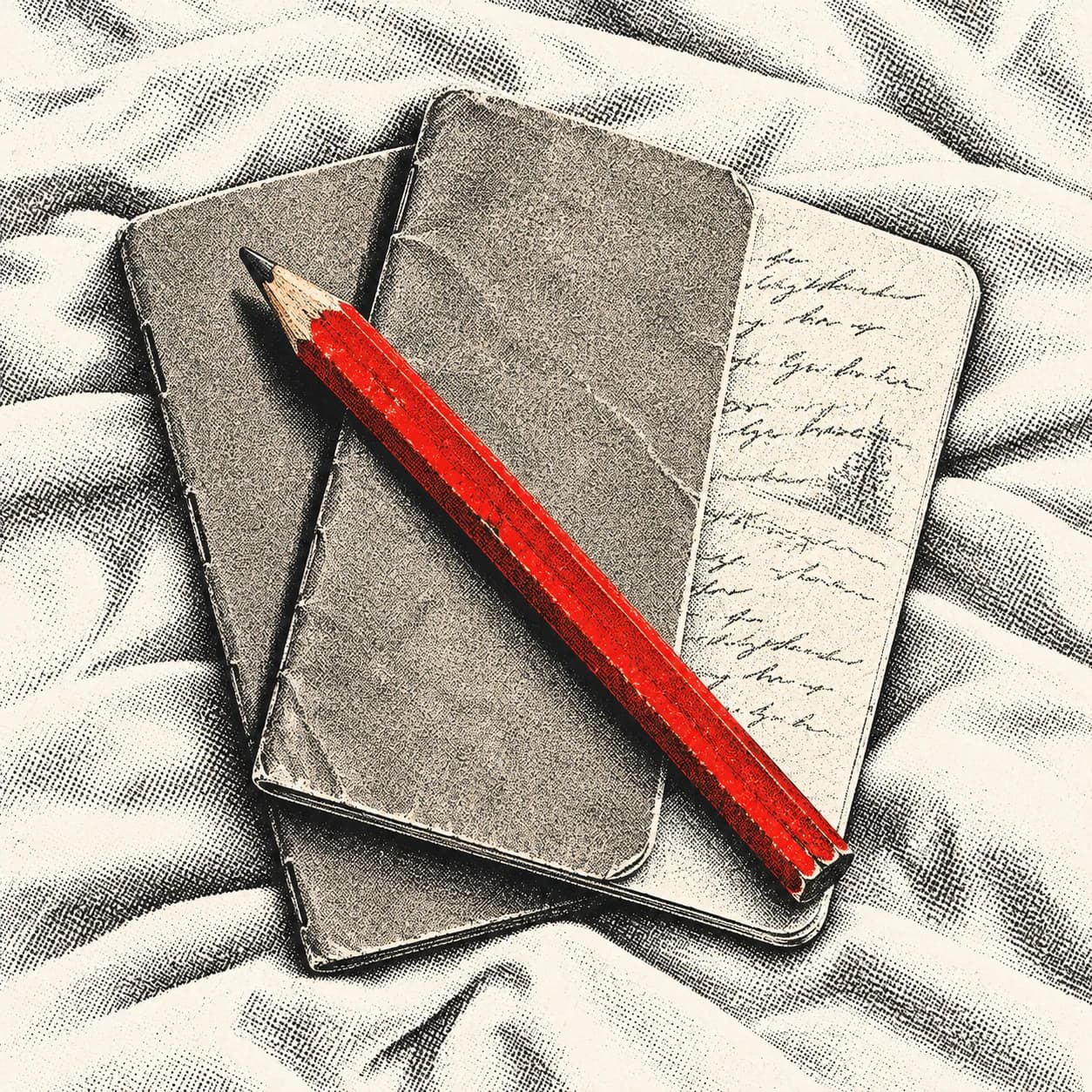 Pocket notebooks and a red pencil, photographed in a grainy halftone style.
