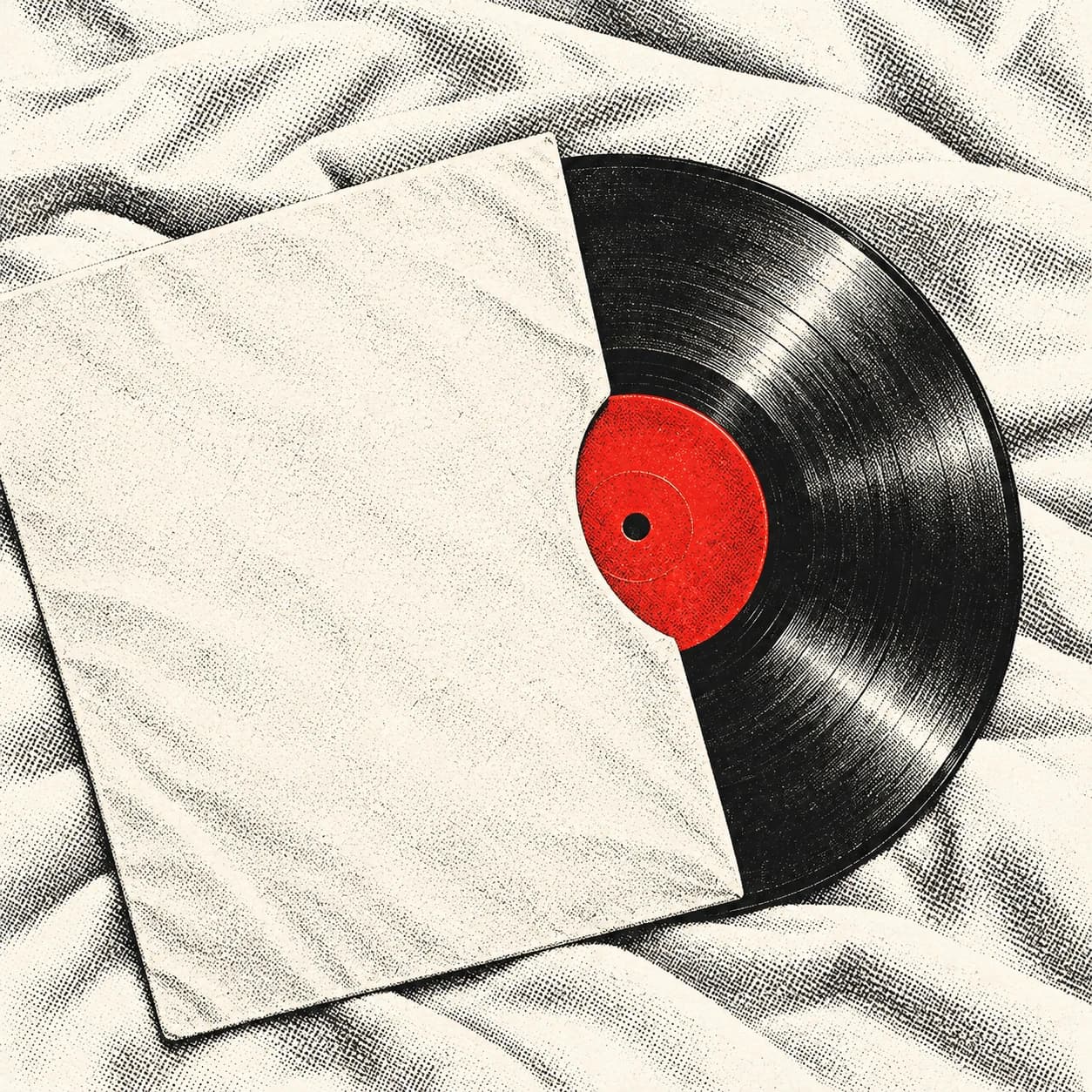 A vinyl record with a red center label, half tucked into a cream sleeve.